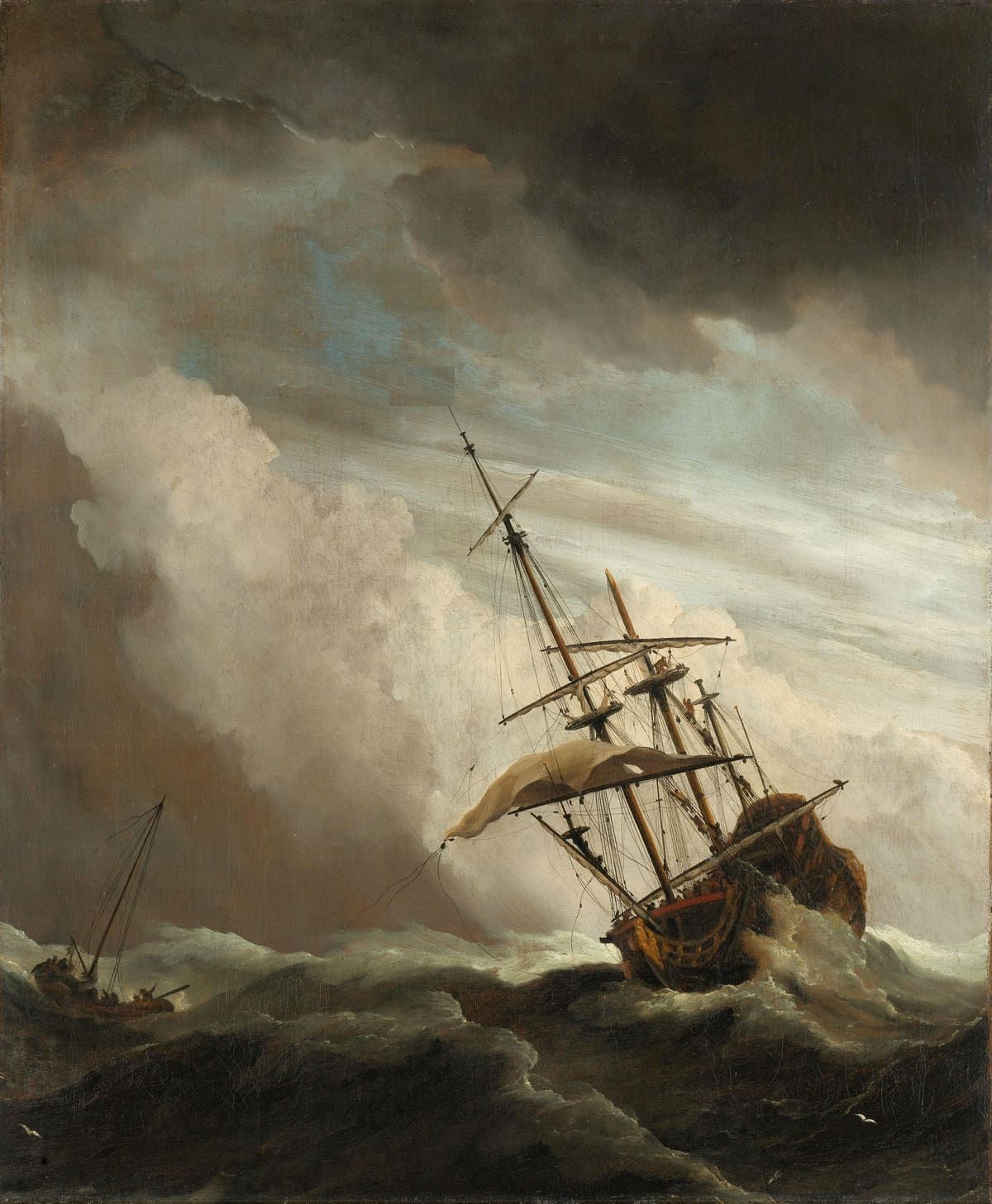 A single ship listing dramatically against breaking storm clouds and white-foam waves.